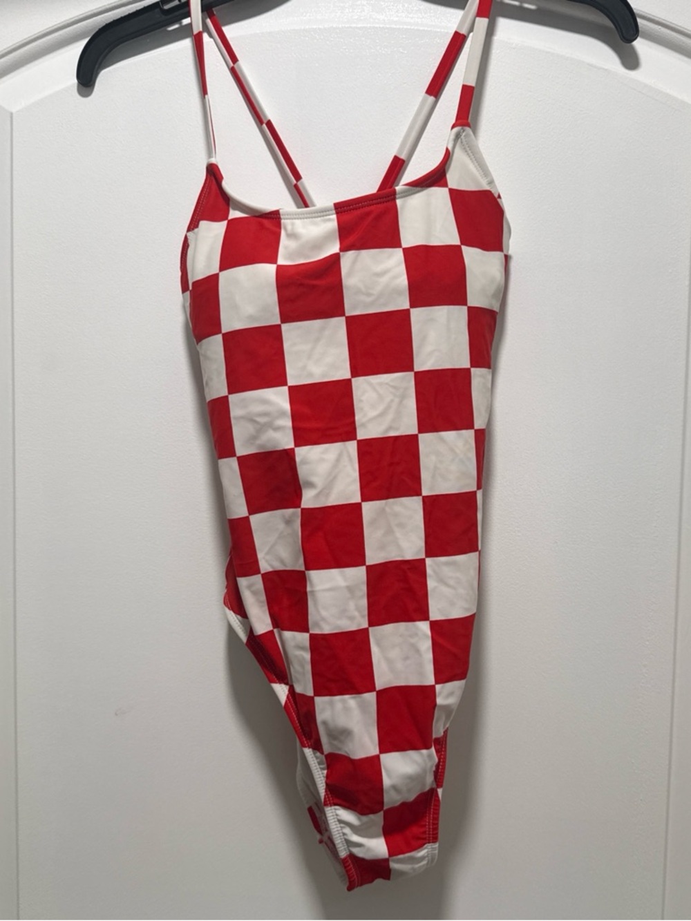 Juniors Red and White Checkered One-Piece Swimsuit
